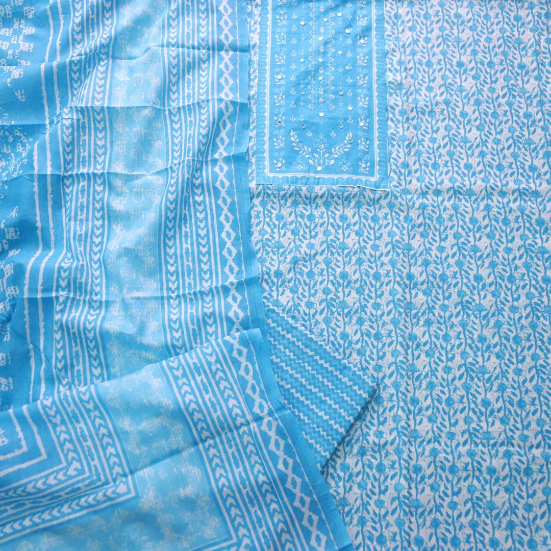 Riwa Dodger Blue Patra Detailing Floral Printed Cotton Suit Set D2