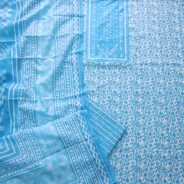 Riwa Dodger Blue Patra Detailing Floral Printed Cotton Suit Set D2