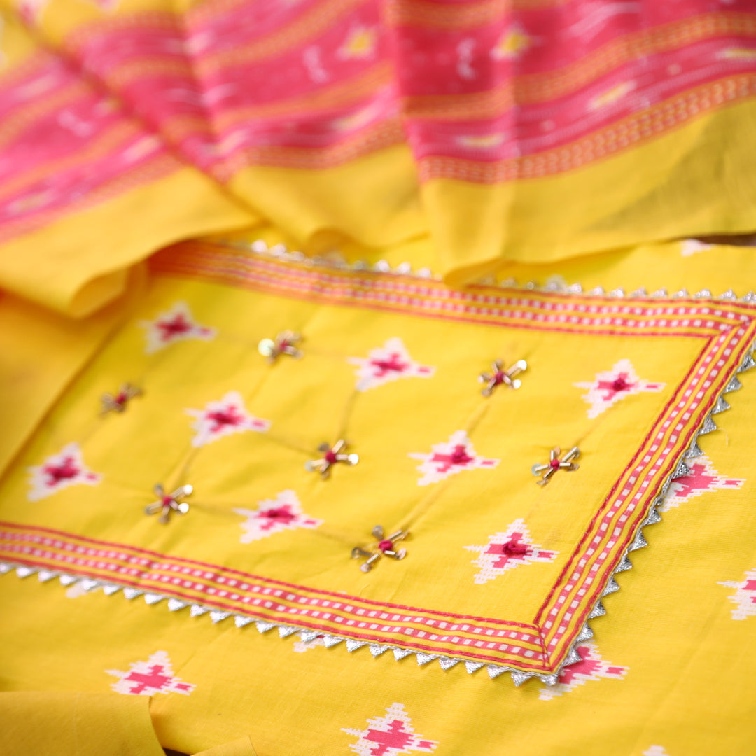 Riwa Pineapple Yellow Kardana Detailing Digital Printed Cotton Suit Set