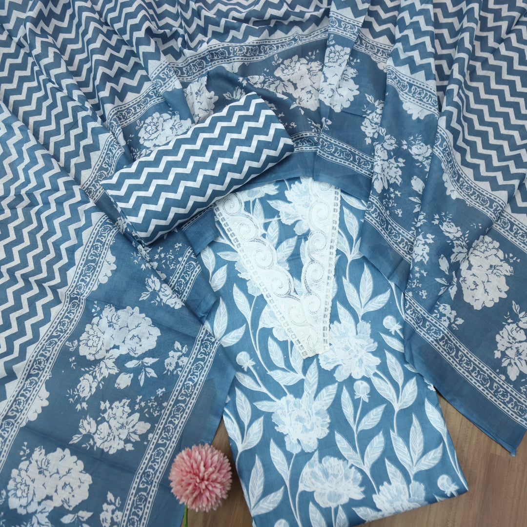 Gulbahar Steel Blue V Neck Lace Work Floral Printed Cotton Suit Set