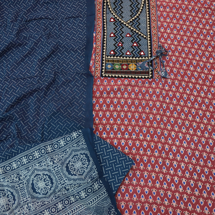 Fitoor Apple Red Angrakha Style Neck Ajrak Printed Cotton Suit Set