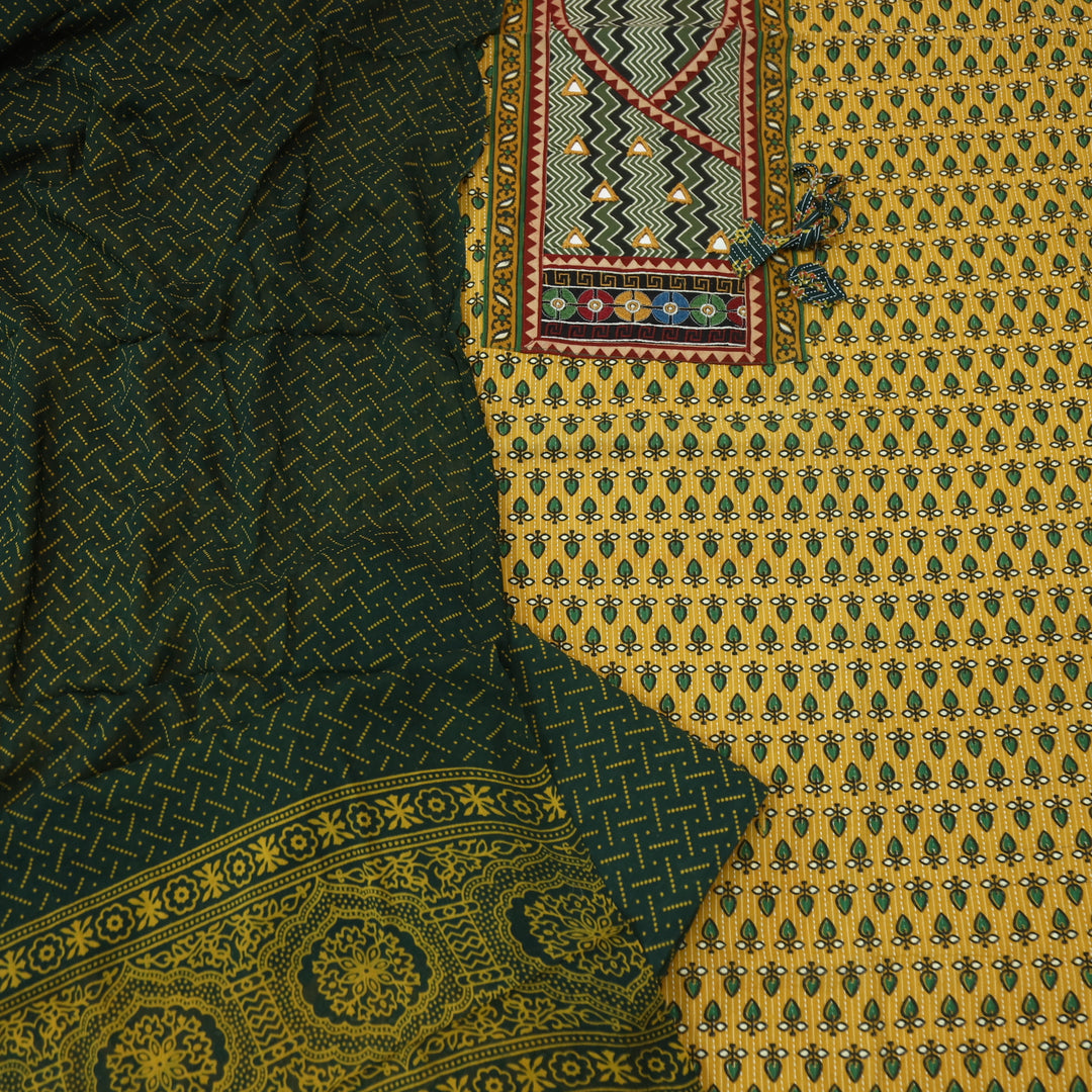 Fitoor Canary Yellow Angrakha Style Neck Ajrak Printed Cotton Suit Set