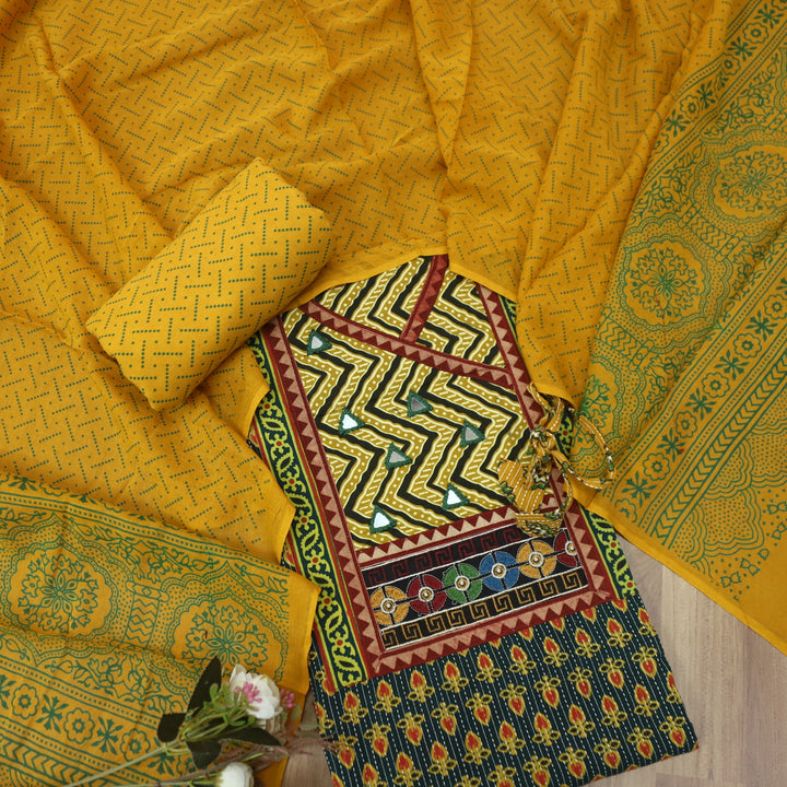 Fitoor Grass Green Angrakha Style Neck Ajrak Printed Cotton Suit Set