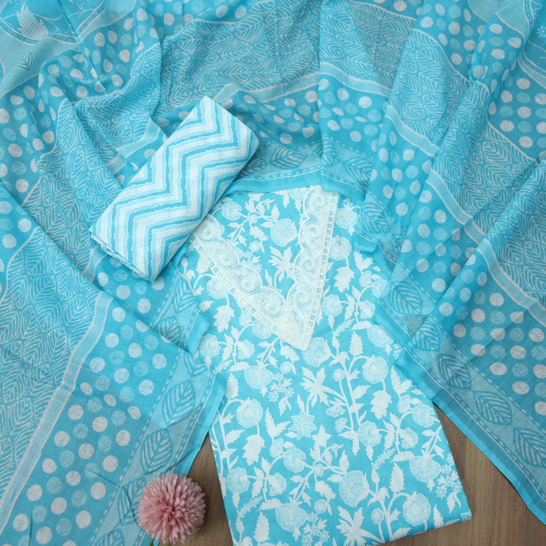 Gulbahar Baby Aqua Blue V Neck Lace Work Floral Printed Cotton Suit Set