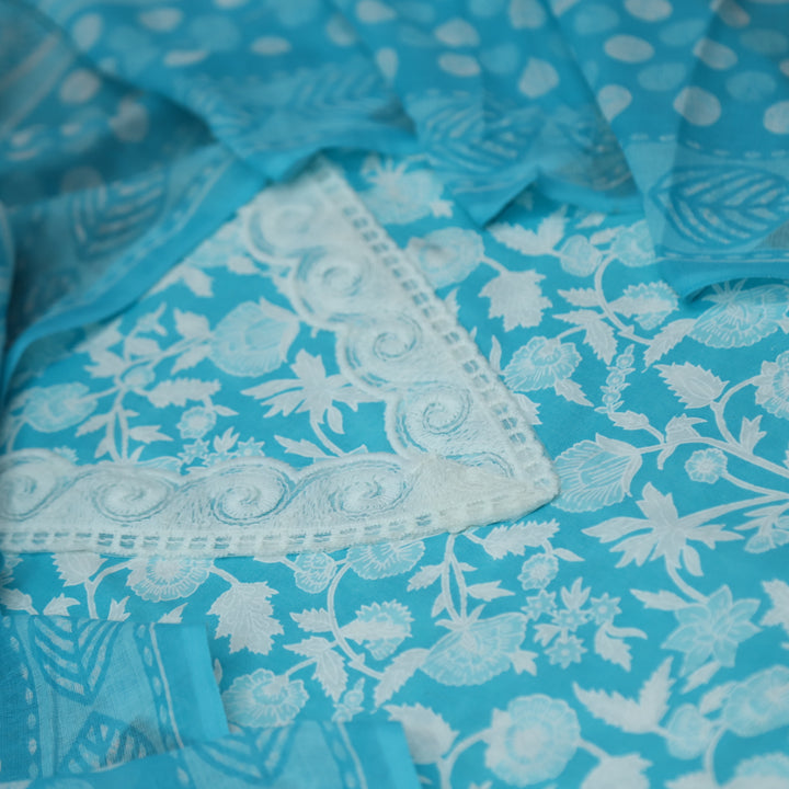 Gulbahar Baby Aqua Blue V Neck Lace Work Floral Printed Cotton Suit Set