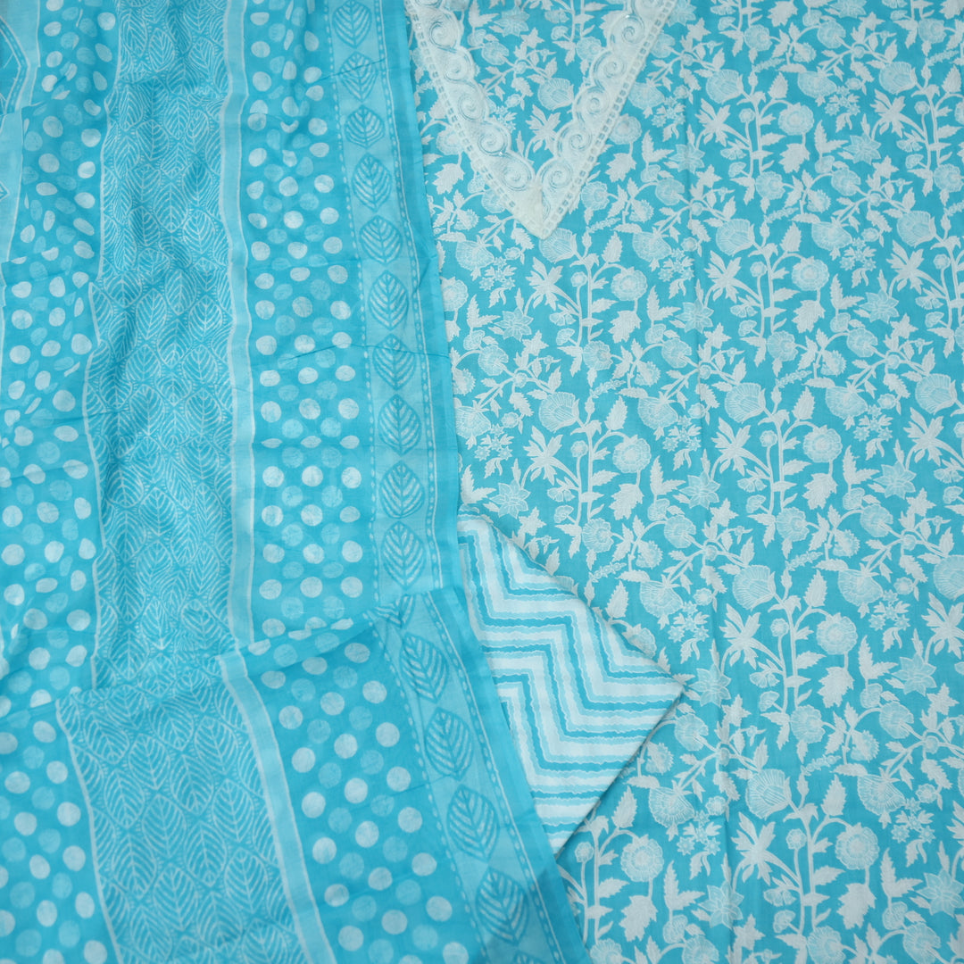 Gulbahar Baby Aqua Blue V Neck Lace Work Floral Printed Cotton Suit Set
