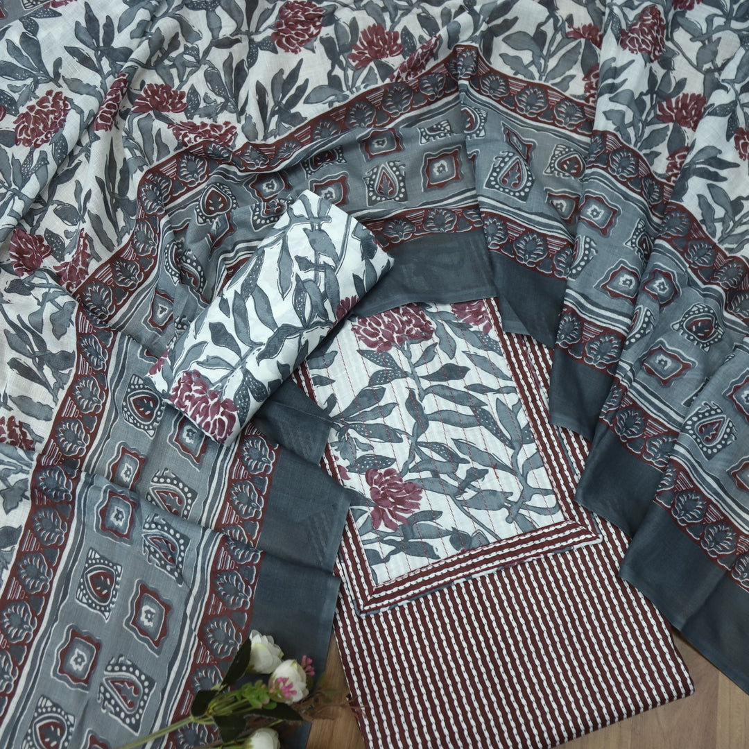 Riwa Wine Purple Floral Patch Neck Work Printed Cotton Suit Set