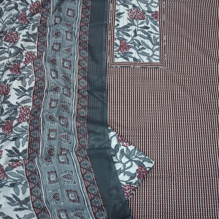 Riwa Wine Purple Floral Patch Neck Work Printed Cotton Suit Set