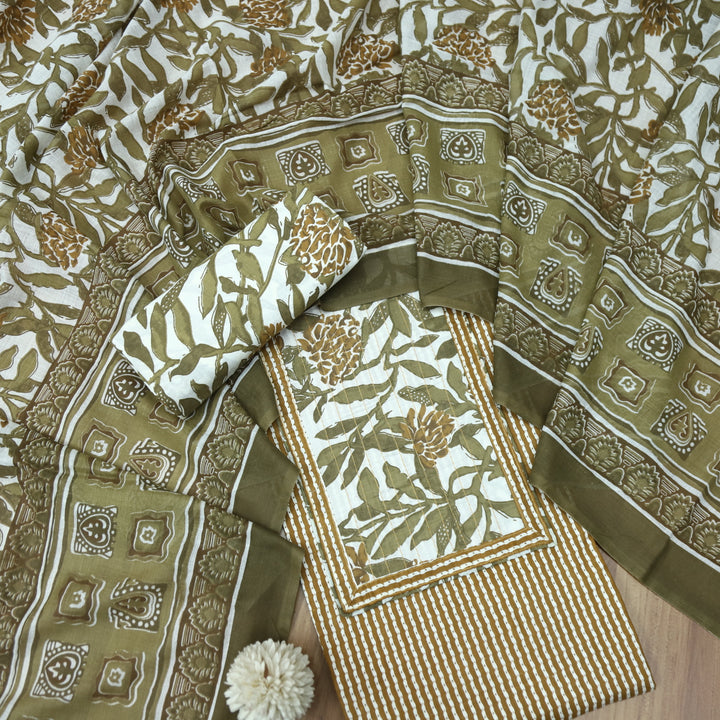 Riwa Peanut Beige Floral Patch Neck Work Printed Cotton Suit Set