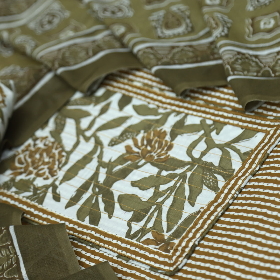 Riwa Peanut Beige Floral Patch Neck Work Printed Cotton Suit Set