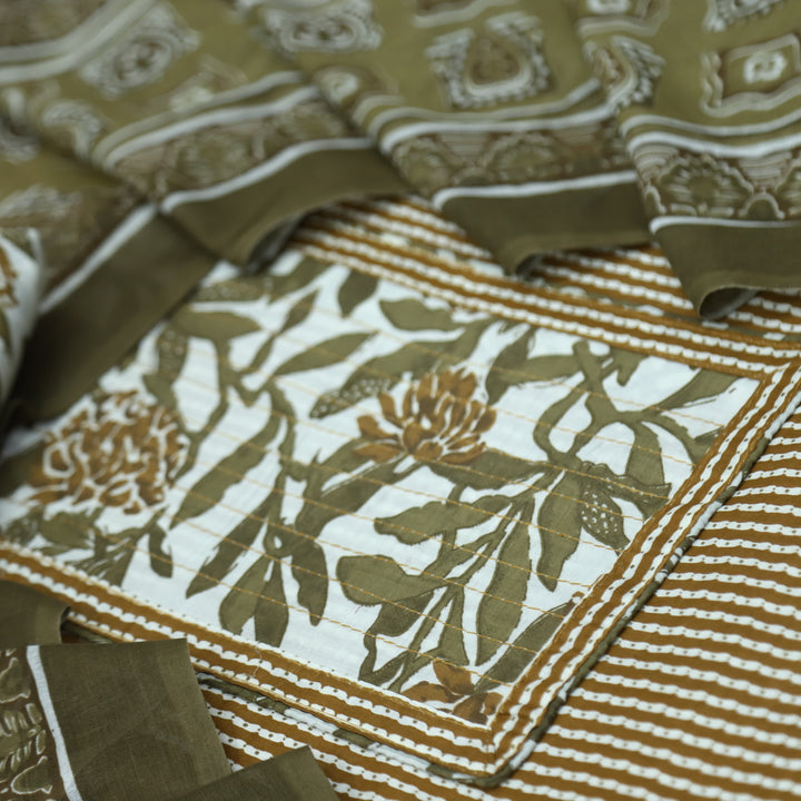 Riwa Peanut Beige Floral Patch Neck Work Printed Cotton Suit Set