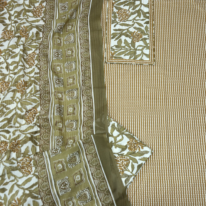 Riwa Peanut Beige Floral Patch Neck Work Printed Cotton Suit Set