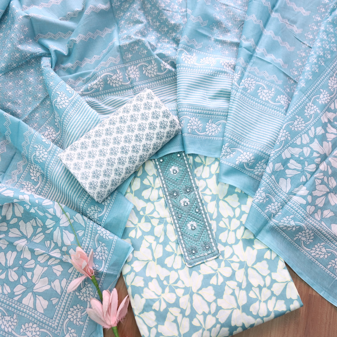 Narazzi Sapphire Blue Patch Lace Work Floral Printed Cotton Suit Set