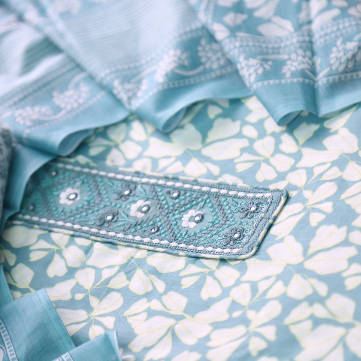 Narazzi Sapphire Blue Patch Lace Work Floral Printed Cotton Suit Set