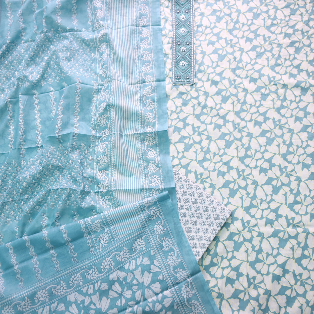 Narazzi Sapphire Blue Patch Lace Work Floral Printed Cotton Suit Set