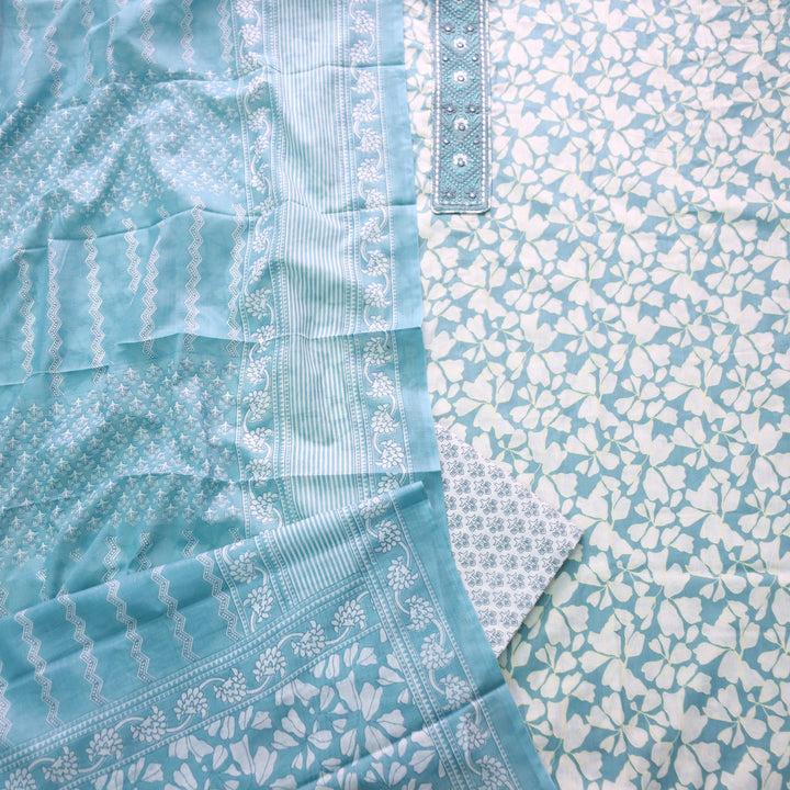 Narazzi Sapphire Blue Patch Lace Work Floral Printed Cotton Suit Set