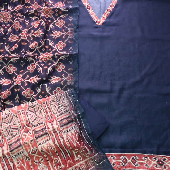 Soniye Navy Blue V Neck Kantha Embroidered Chanderi Suit Set
