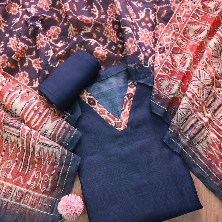 Soniye Navy Blue V Neck Kantha Embroidered Chanderi Suit Set