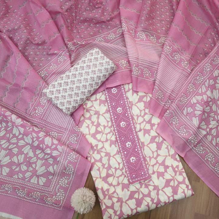 Narazzi Tulip Purple Patch Lace Work Floral Printed Cotton Suit Set