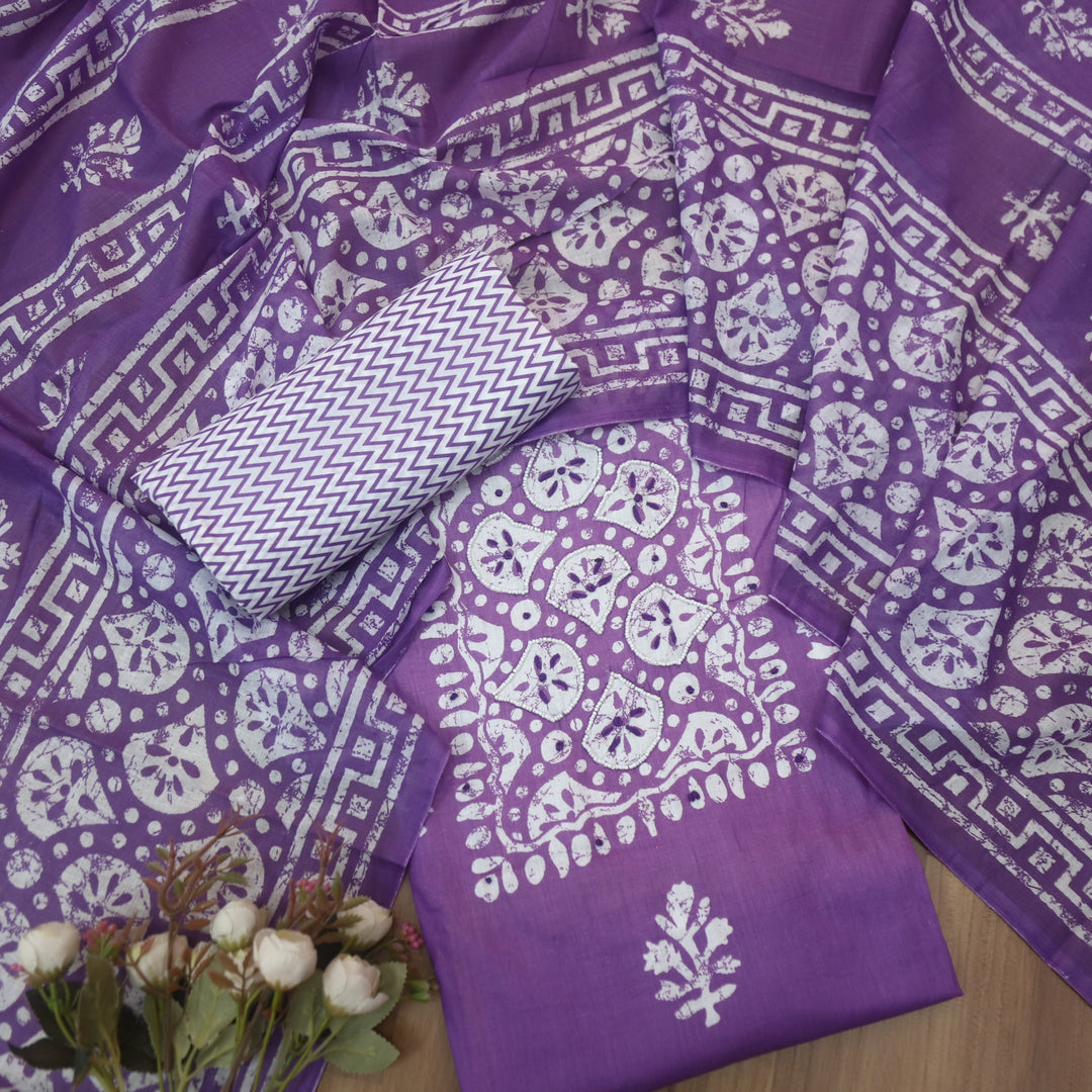 Nazara French Violet Moti Work in Batik Print Patch Cotton Suit Set