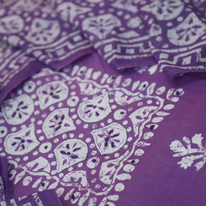 Nazara French Violet Moti Work in Batik Print Patch Cotton Suit Set