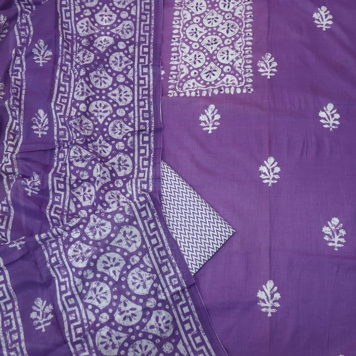 Nazara French Violet Moti Work in Batik Print Patch Cotton Suit Set