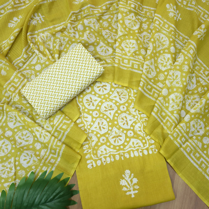 Nazara Lemon Yellow Moti Work in Batik Print Patch Cotton Suit Set