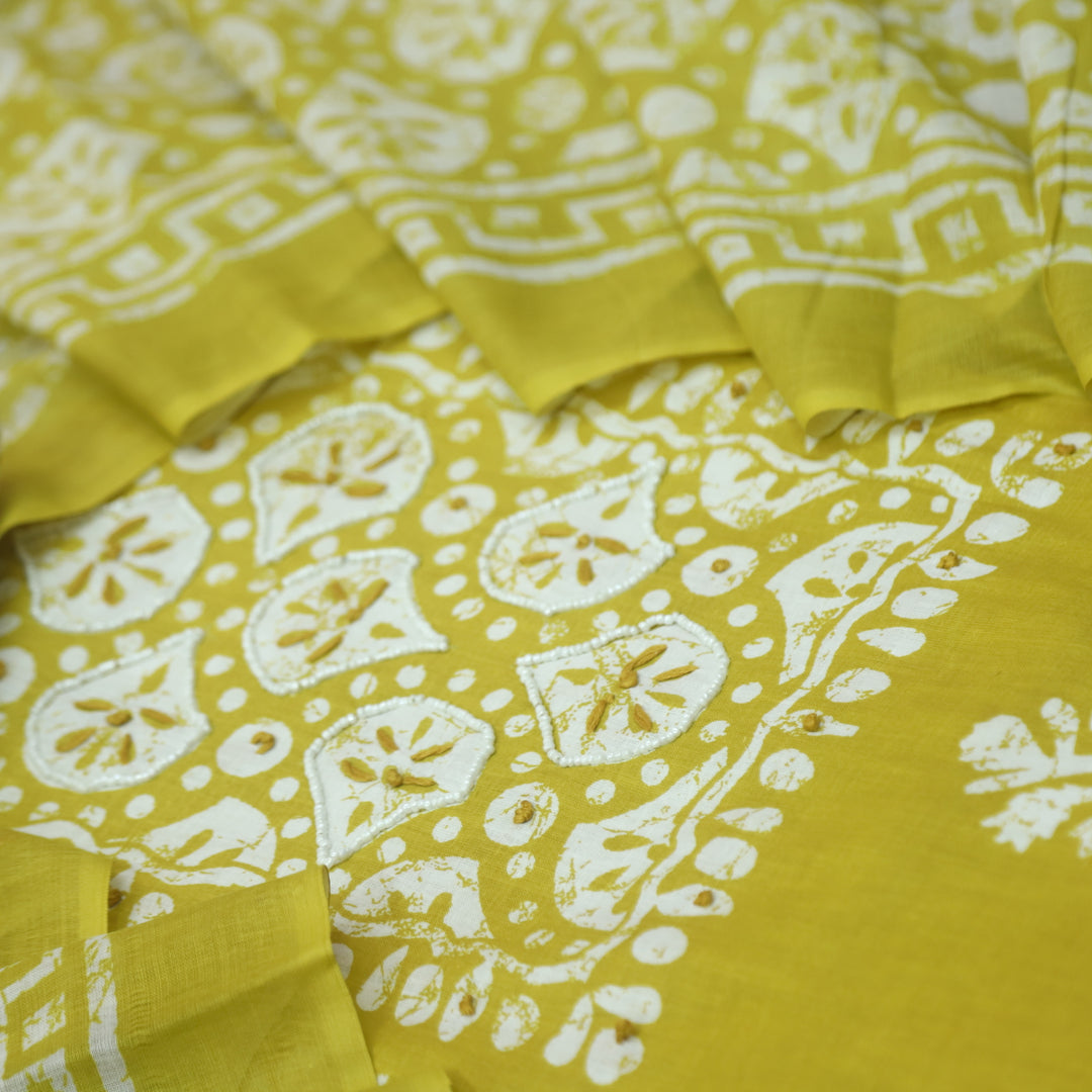 Nazara Lemon Yellow Moti Work in Batik Print Patch Cotton Suit Set