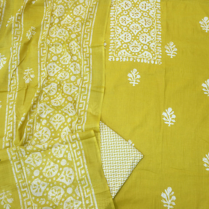 Nazara Lemon Yellow Moti Work in Batik Print Patch Cotton Suit Set