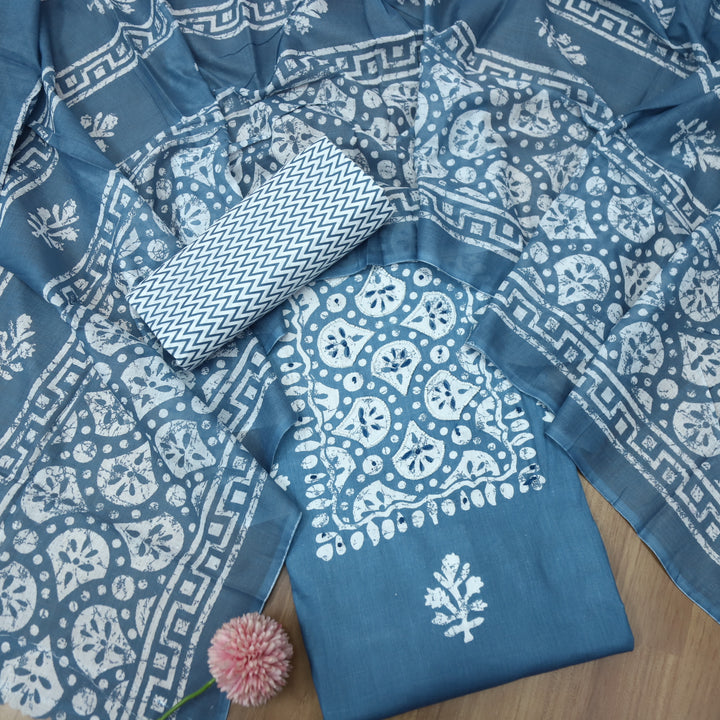 Nazara Steel Blue Moti Work in Batik Print Patch Cotton Suit Set