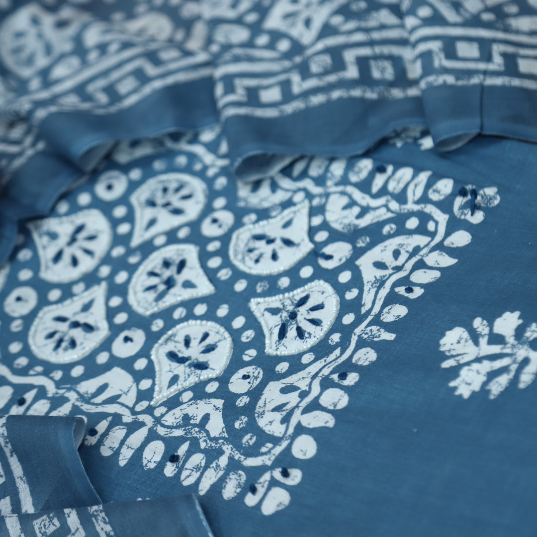 Nazara Steel Blue Moti Work in Batik Print Patch Cotton Suit Set