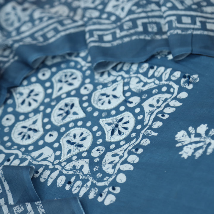 Nazara Steel Blue Moti Work in Batik Print Patch Cotton Suit Set