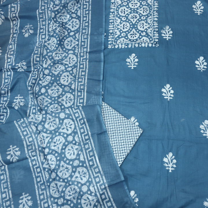 Nazara Steel Blue Moti Work in Batik Print Patch Cotton Suit Set