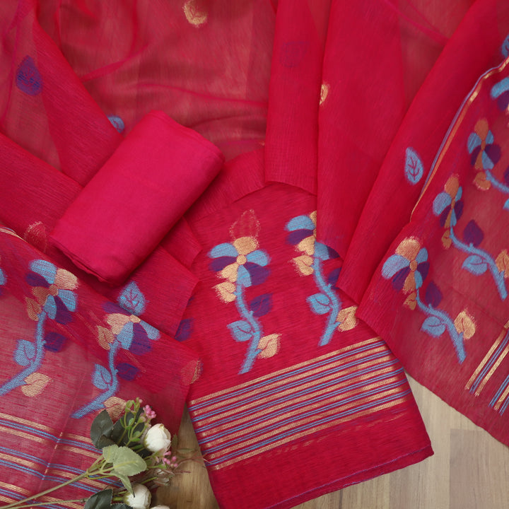 Svroop Bright Pink in All Over Authentic Jamdani Weaved Suit Set