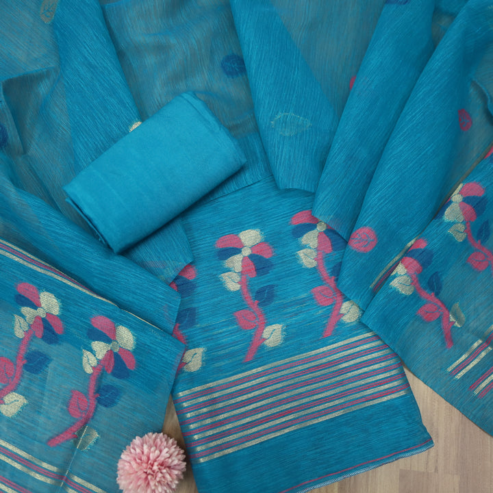 Svroop Teal Aqua in All Over Authentic Jamdani Weaved Suit Set