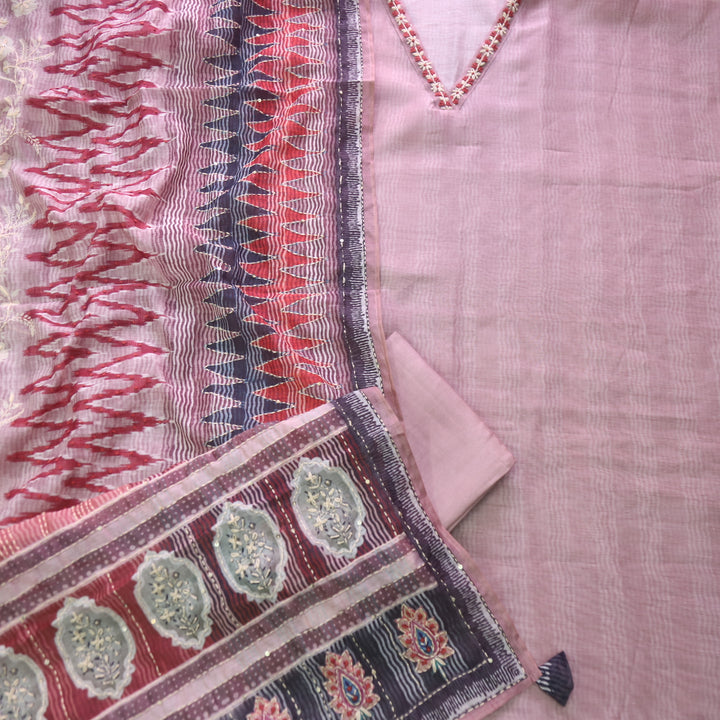 Soniye Tulip Mauve V Neck Kantha Embroidered Chanderi Suit Set