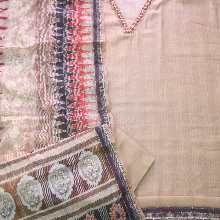 Soniye Peanut Beige V Neck Kantha Embroidered Chanderi Suit Set