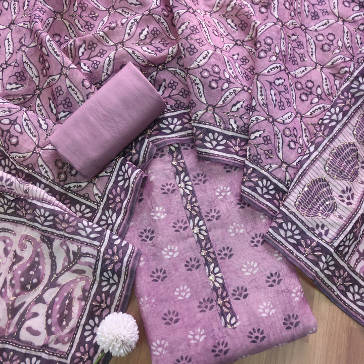 Kashvi Mulberry Purple Kantha Embroidery Digital Printed Chanderi Suit Set