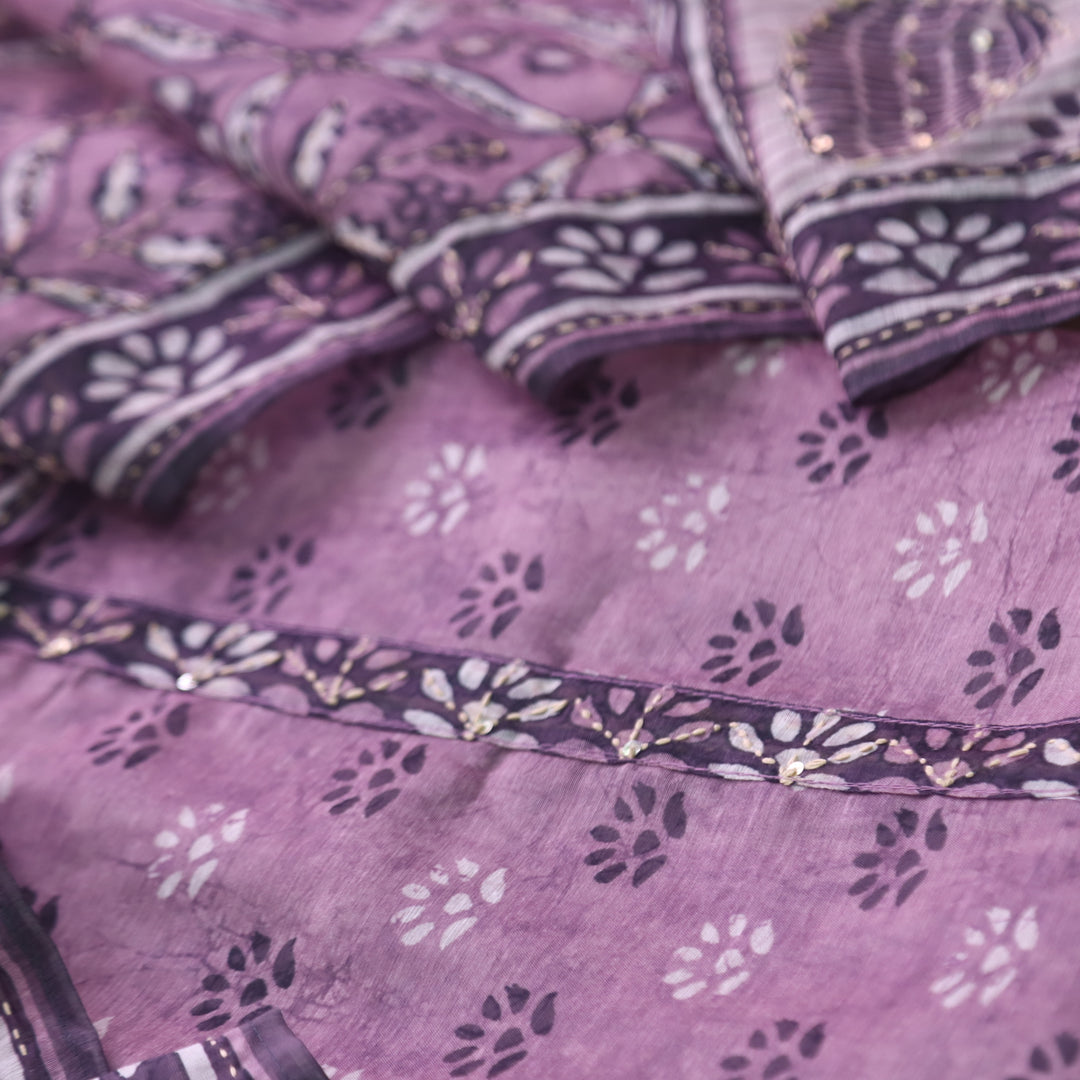 Kashvi Mulberry Purple Kantha Embroidery Digital Printed Chanderi Suit Set