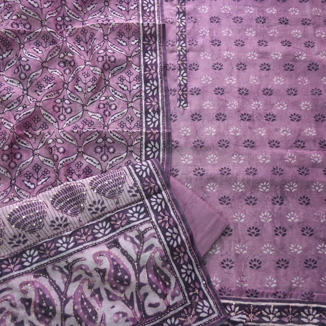 Kashvi Mulberry Purple Kantha Embroidery Digital Printed Chanderi Suit Set