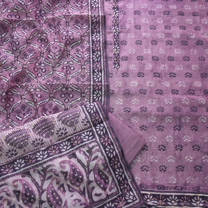 Kashvi Mulberry Purple Kantha Embroidery Digital Printed Chanderi Suit Set