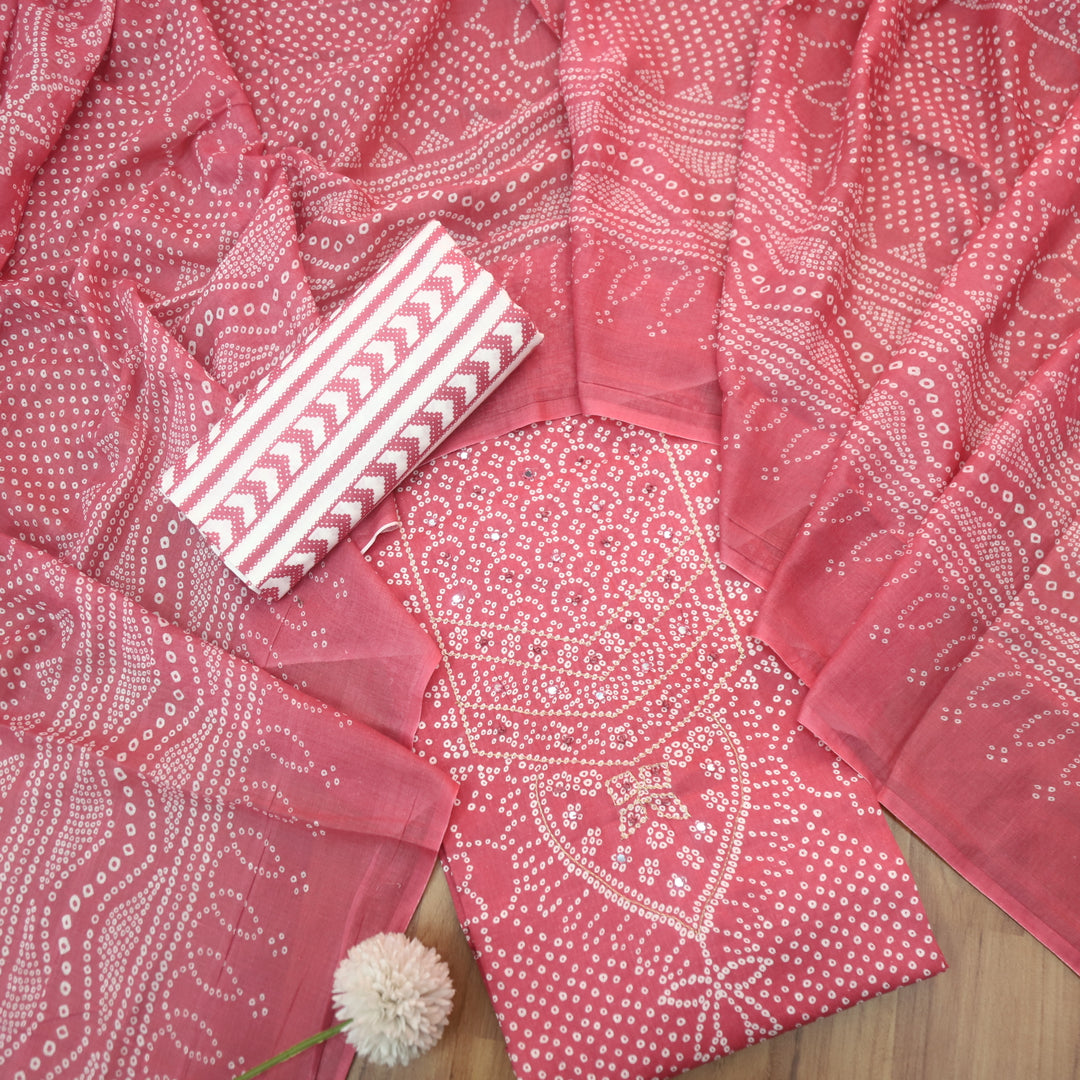 Riwa Rouge Pink French Knot in Zari Detailing Bandhani Printed Cotton Suit Set