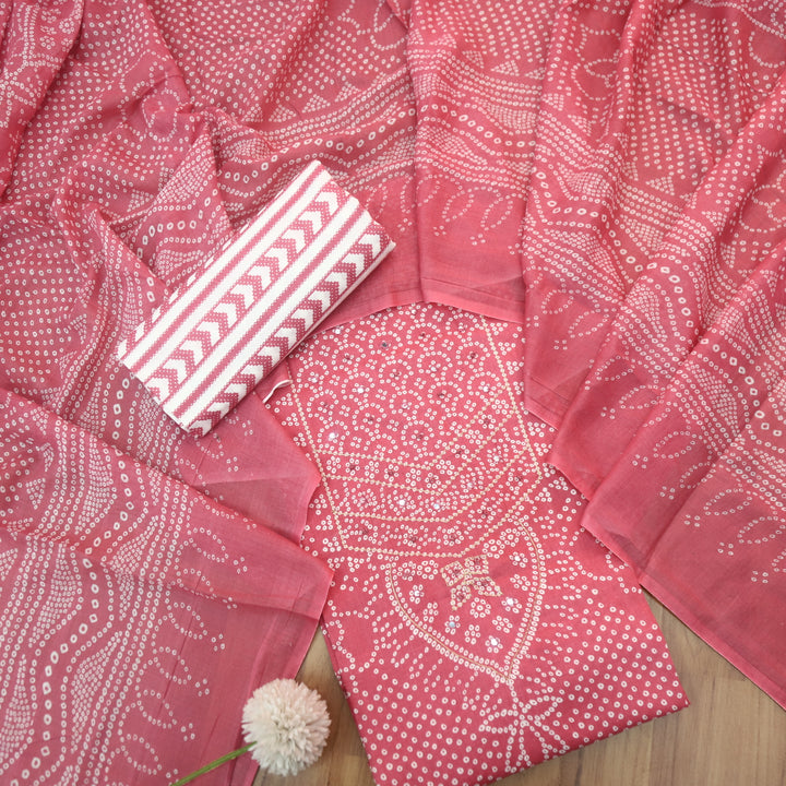 Riwa Rouge Pink French Knot in Zari Detailing Bandhani Printed Cotton Suit Set
