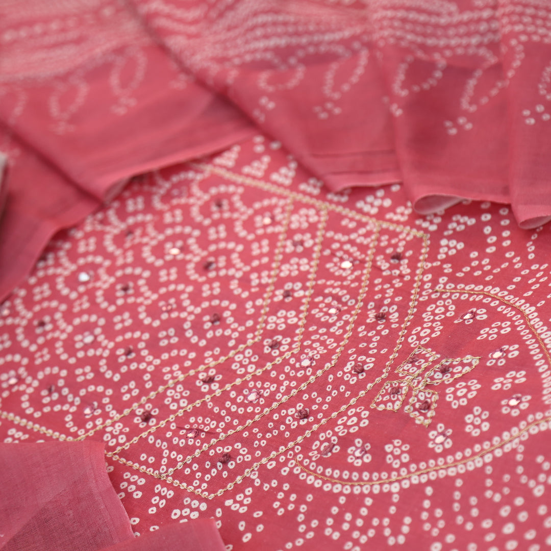 Riwa Rouge Pink French Knot in Zari Detailing Bandhani Printed Cotton Suit Set