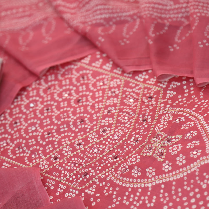 Riwa Rouge Pink French Knot in Zari Detailing Bandhani Printed Cotton Suit Set