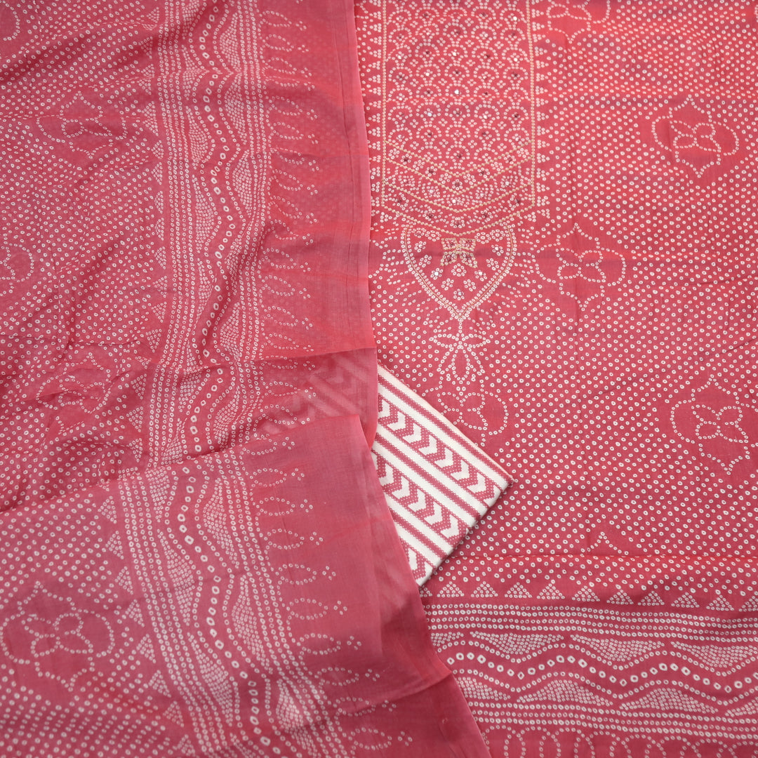 Riwa Rouge Pink French Knot in Zari Detailing Bandhani Printed Cotton Suit Set