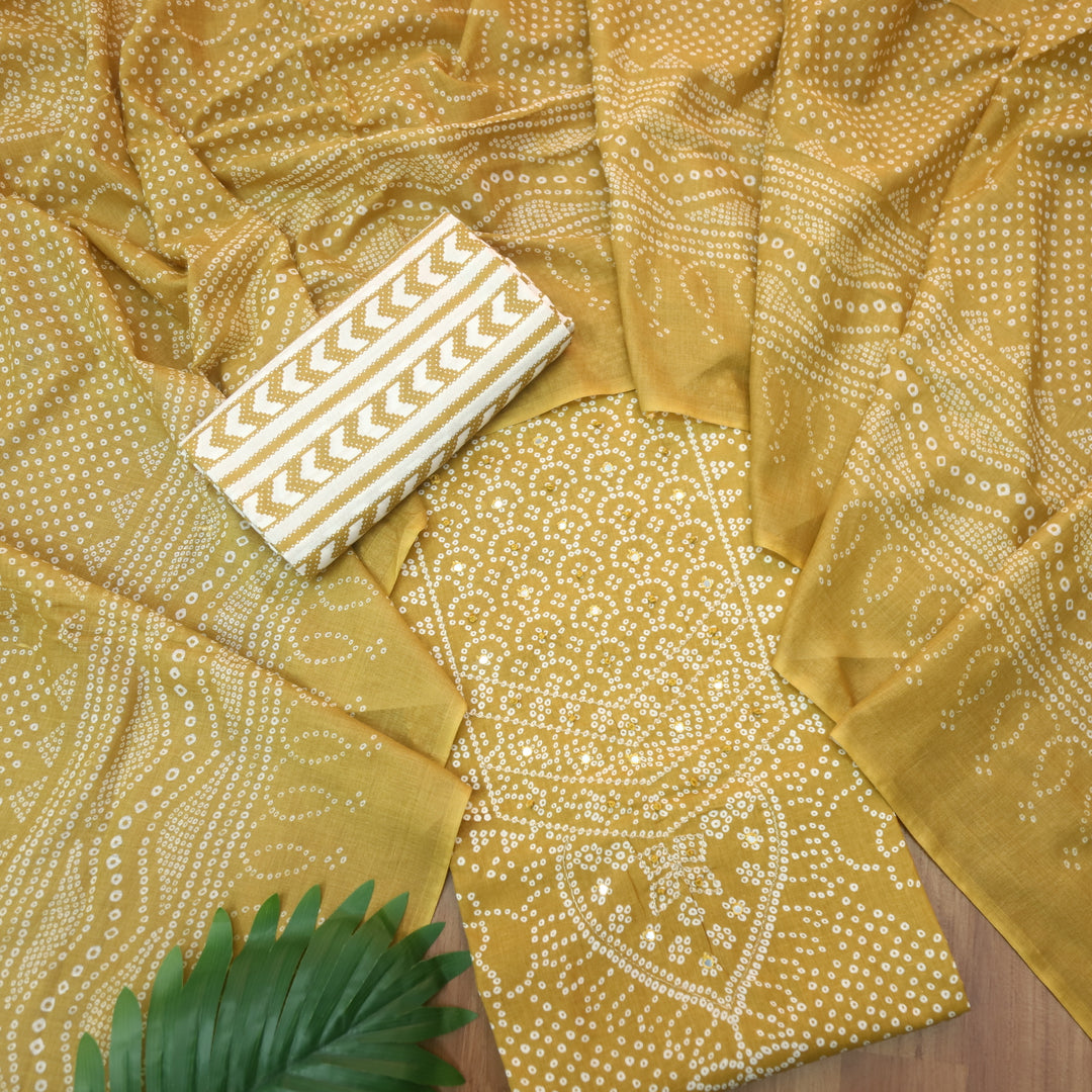 Riwa Peanut Yellow French Knot in Zari Detailing Bandhani Printed Cotton Suit Set