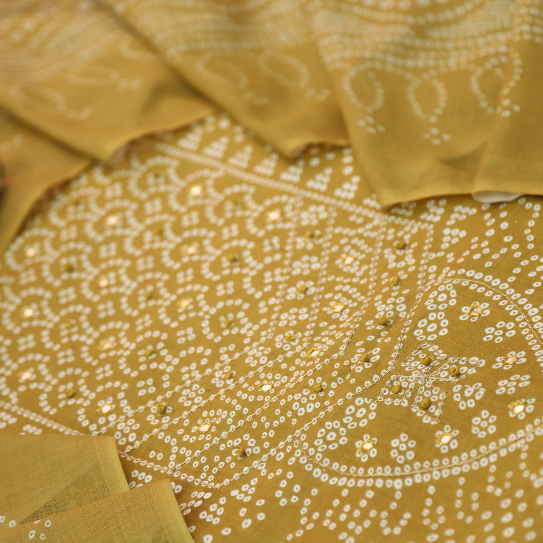 Riwa Peanut Yellow French Knot in Zari Detailing Bandhani Printed Cotton Suit Set