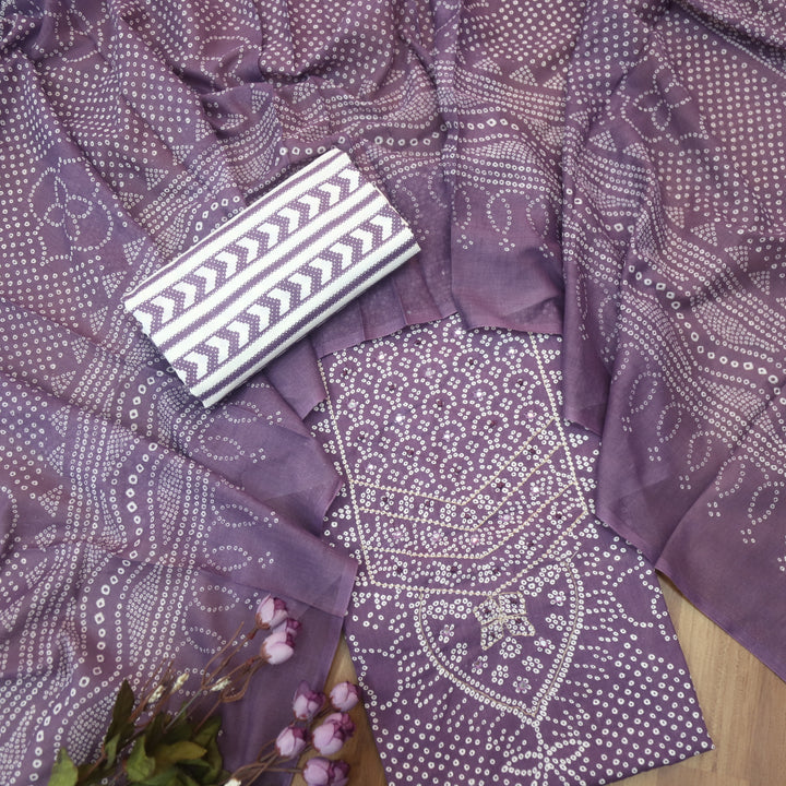 Riwa Berry Purple French Knot in Zari Detailing Bandhani Printed Cotton Suit Set