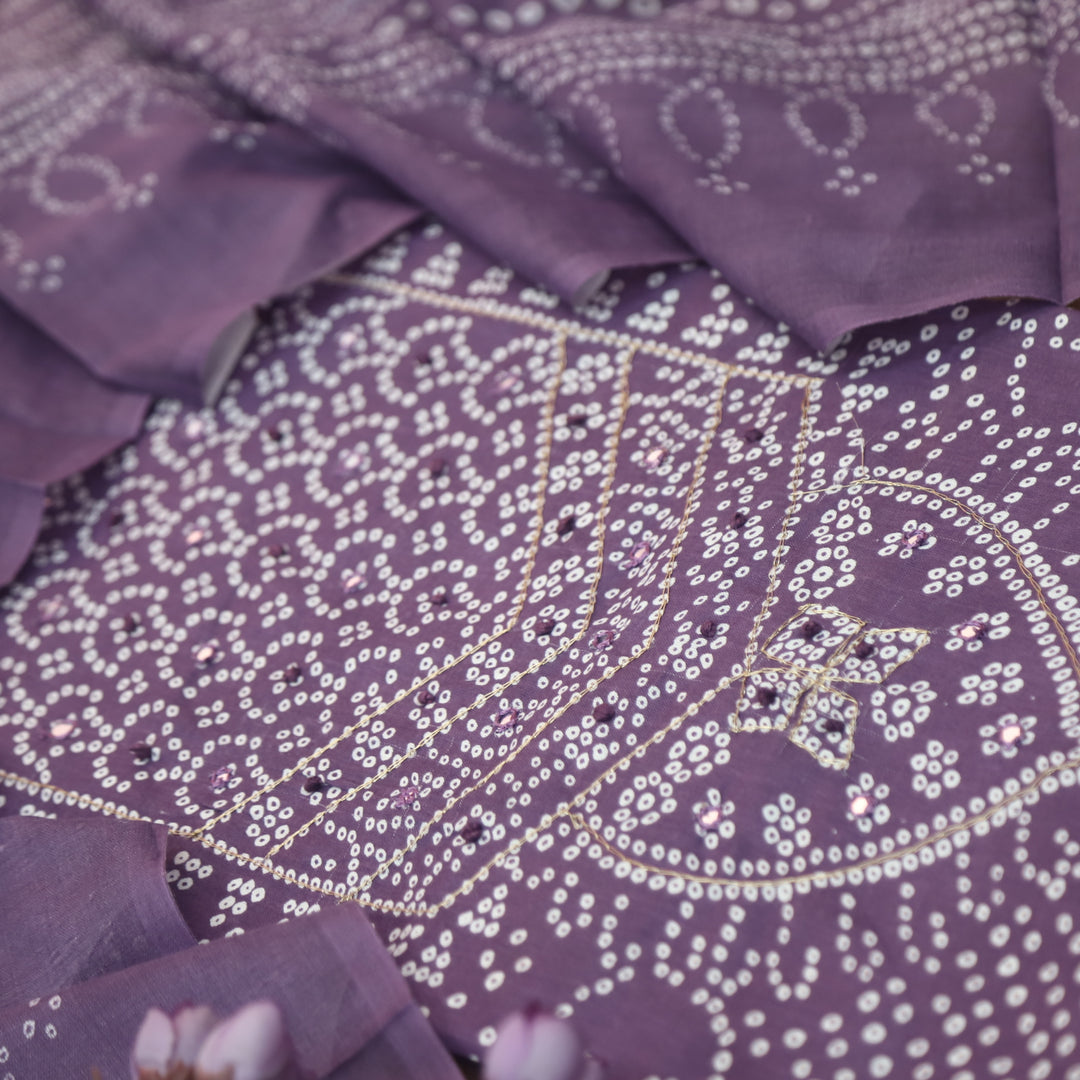 Riwa Berry Purple French Knot in Zari Detailing Bandhani Printed Cotton Suit Set